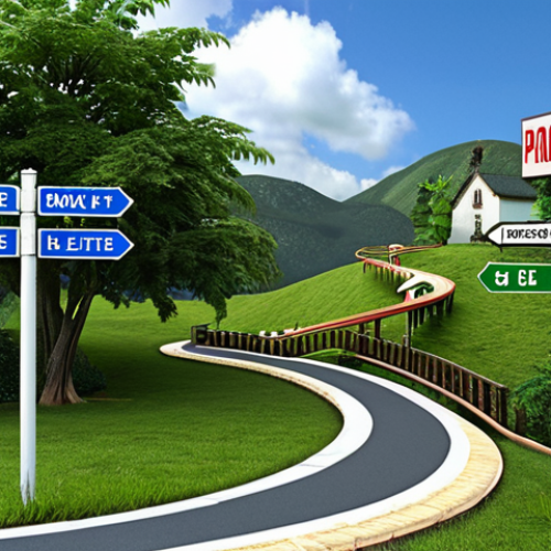 **

Realistic house exterior. Two roads diverge like a "T" intersection. A signpost with "Fixed Rate" pointing to one path (stable, green scenery) and "Variable Rate" pointing to the other (roller coaster, changing weather).  Symbolizes choosing mortgage rate.

**
