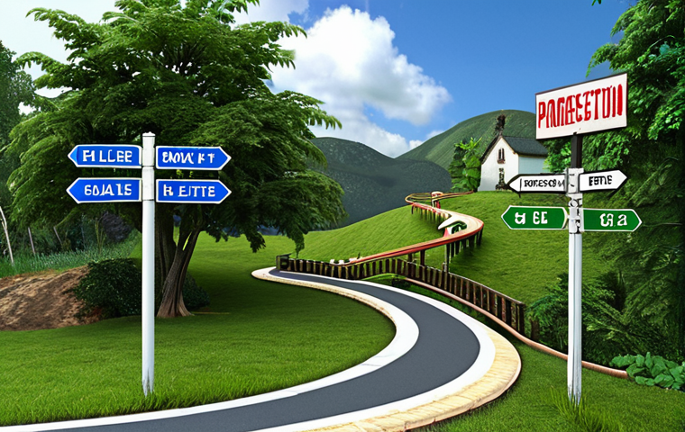 **

Realistic house exterior. Two roads diverge like a "T" intersection. A signpost with "Fixed Rate" pointing to one path (stable, green scenery) and "Variable Rate" pointing to the other (roller coaster, changing weather).  Symbolizes choosing mortgage rate.

**
