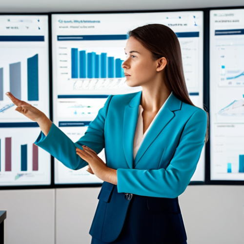 **Prompt for "Clarity from Chaos":**
    A professional businesswoman, fully clothed in a modest business suit, standing confidently in a modern, streamlined office space. On one side of the image, the background is subtly blurred and chaotic, filled with abstract representations of messy financial documents, complex graphs, and overwhelming data streams, suggesting information overload. On the other side, the space is clear and organized, featuring clean lines and precise, elegant digital interfaces displaying simplified financial insights and clear data visualizations. The woman gestures towards the organized side with a sense of relief and understanding. Perfect anatomy, correct proportions, natural pose, well-formed hands, proper finger count, natural body proportions, professional photography, high quality, safe for work, appropriate content, fully clothed, professional dress.